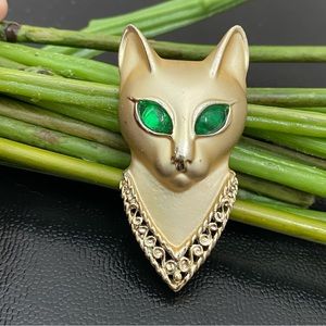 Vintage A.J.C. Signed Egyptian Cat Green Eyes Gold-tone Brooch